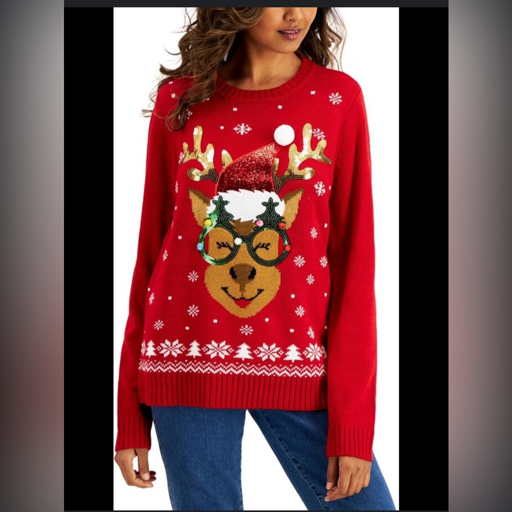 Karen Scott Embellished Party Reindeer‎ Sweater Ugly Christmas Plus Size 1X